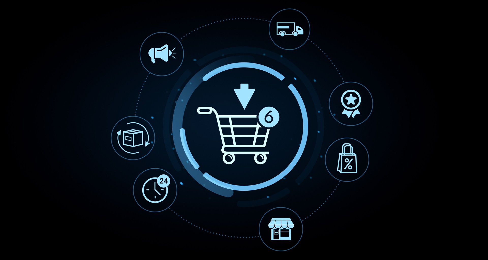 Digital shopping cart with ecommerce icons representing online retail services and logistics concept on futuristic dark interface background. 3D Rendering